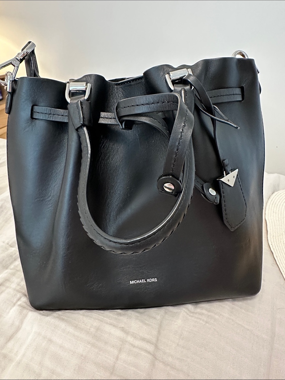 Michael Kors Black Leather Bucket Tote with Drawstring Detail